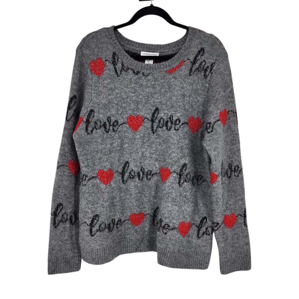 Cupcake And Cashmere Gray Shimmer Love Heart Graphic Crewneck Sweater Size XL